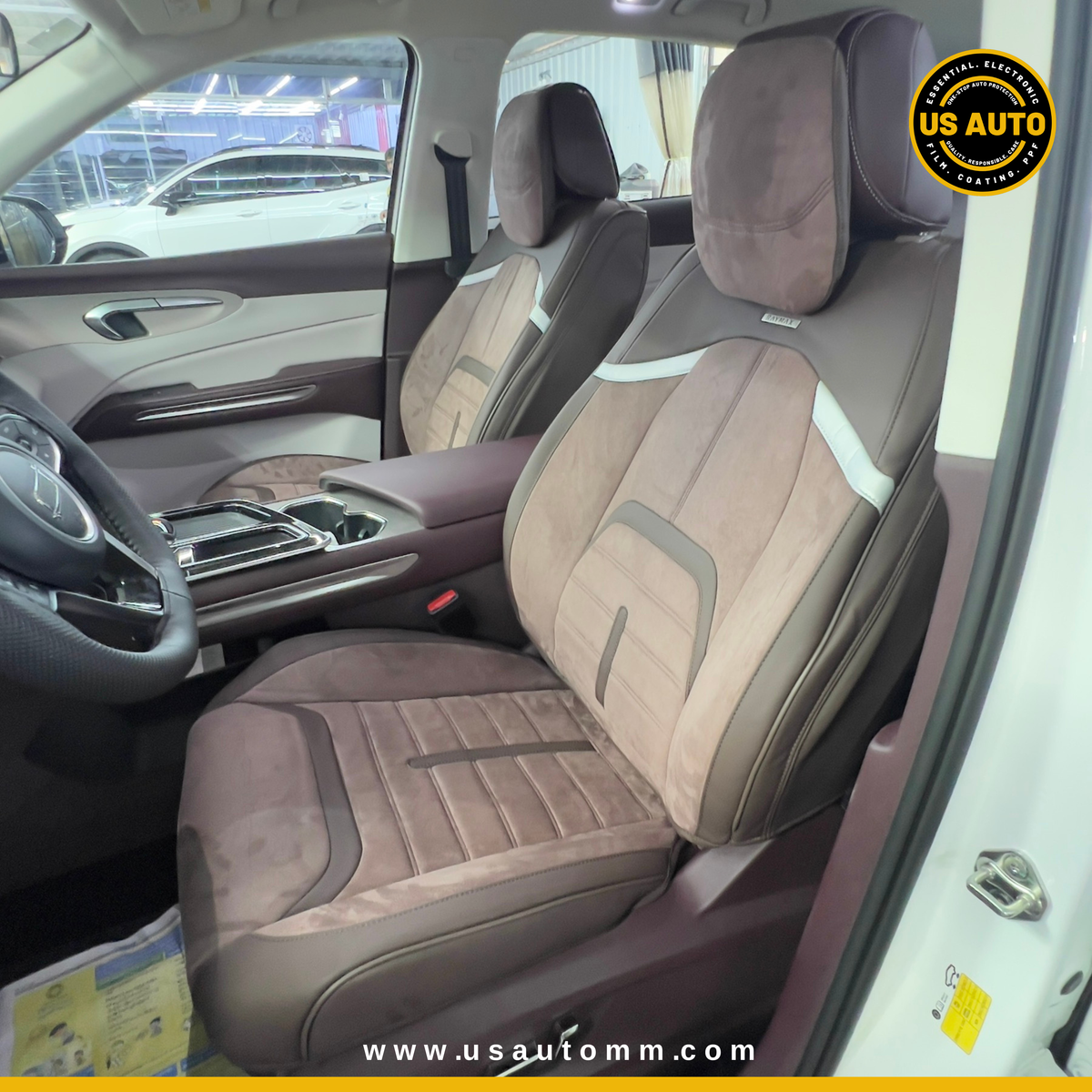 RAYMAX LUXURY SEAT COVER - SUEDE & LEATHER (H-23QD-09) (1) SET (COFFEE + COFFEE)