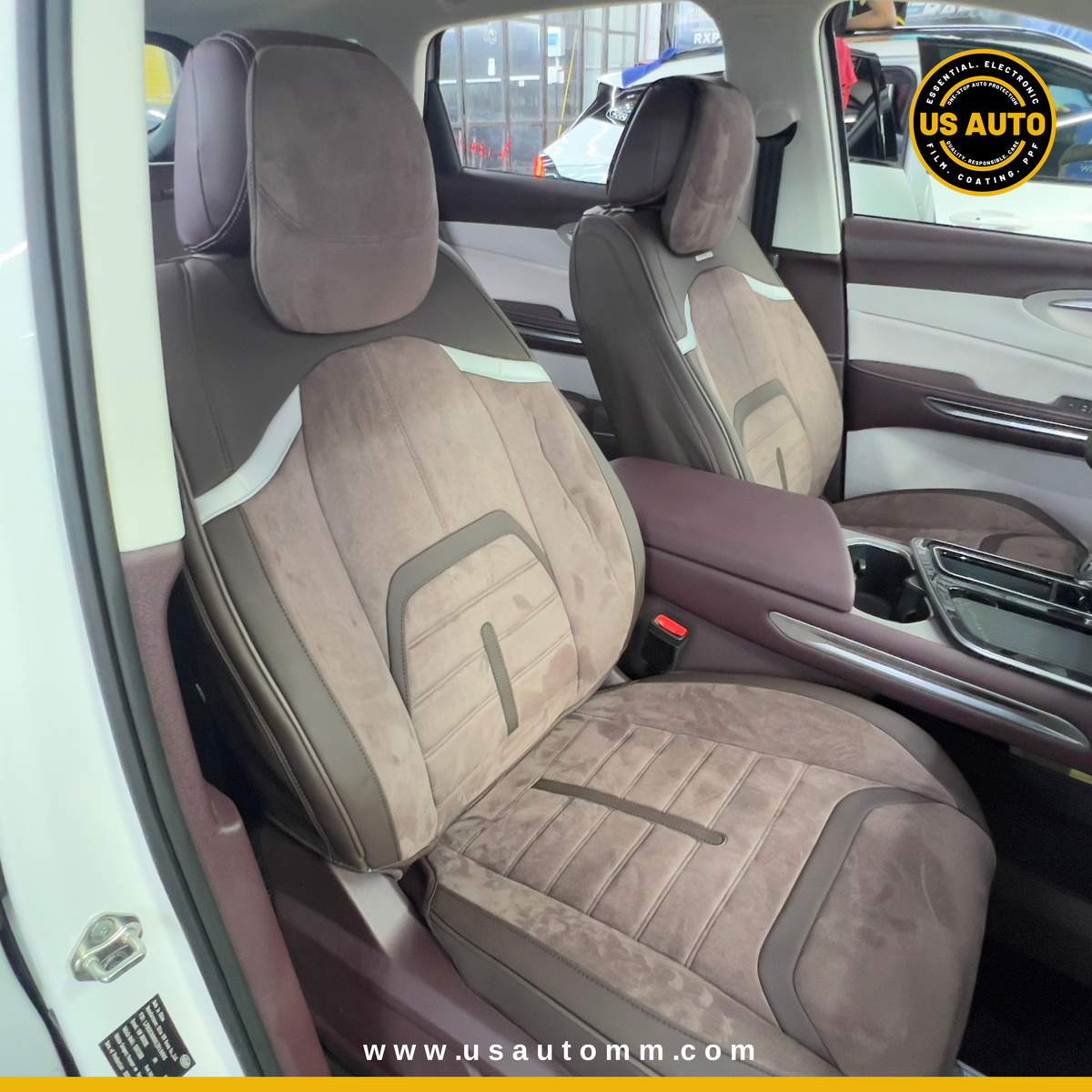 RAYMAX LUXURY SEAT COVER - SUEDE & LEATHER (H-23QD-09) (1) SET (COFFEE + COFFEE)