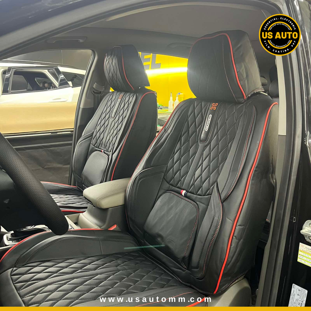 RAYMAX PREMIUM SEAT COVER - LEATHER (JK540) (1) SET (BLACK + RED)