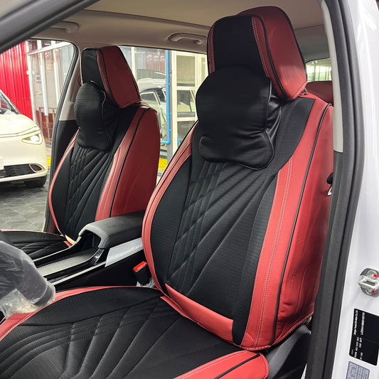 RAYMAX PREMIUM SEAT COVER - JEAN & LEATHER (JK501) (1) SET (WINE RED + BLACK)