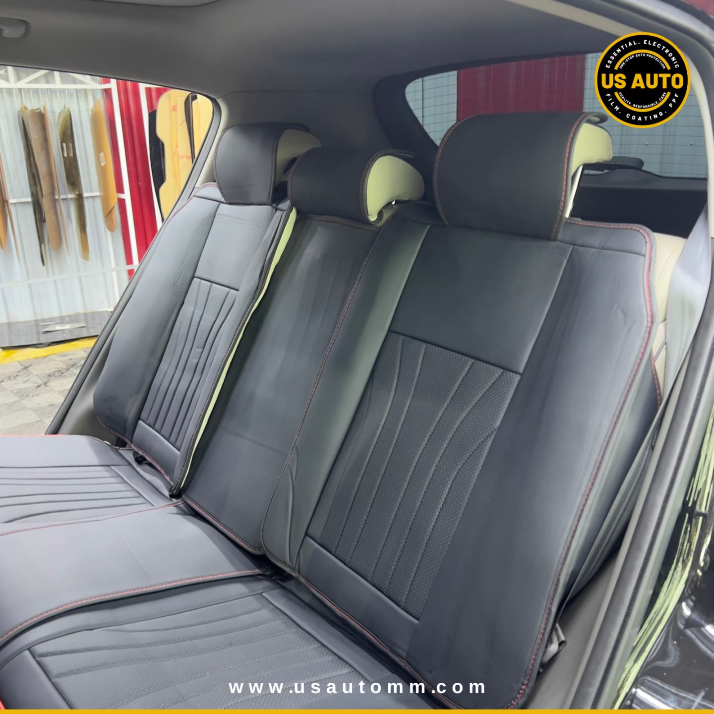 RAYMAX PREMIUM SEAT COVER - LEATHER (JK537) (1) SET (BLACK + RED)