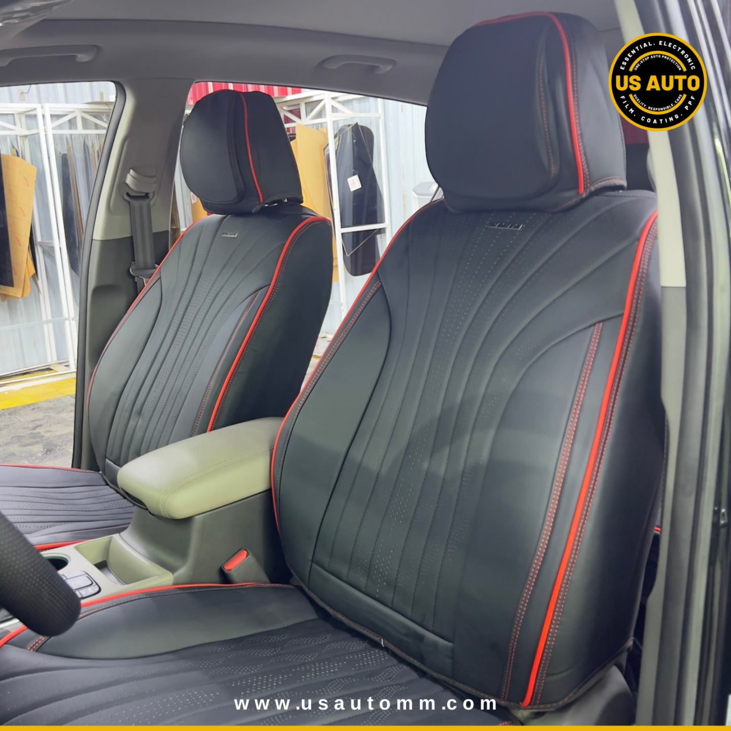 RAYMAX PREMIUM SEAT COVER - LEATHER (JK537) (1) SET (BLACK + RED)