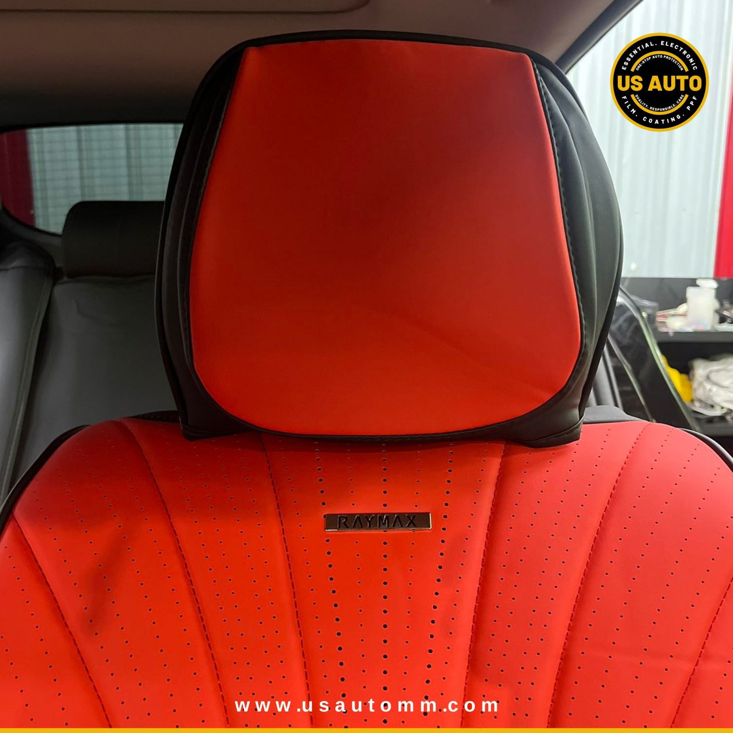 RAYMAX PREMIUM SEAT COVER - LEATHER (JK537) (1) SET  (RED + BLACK)