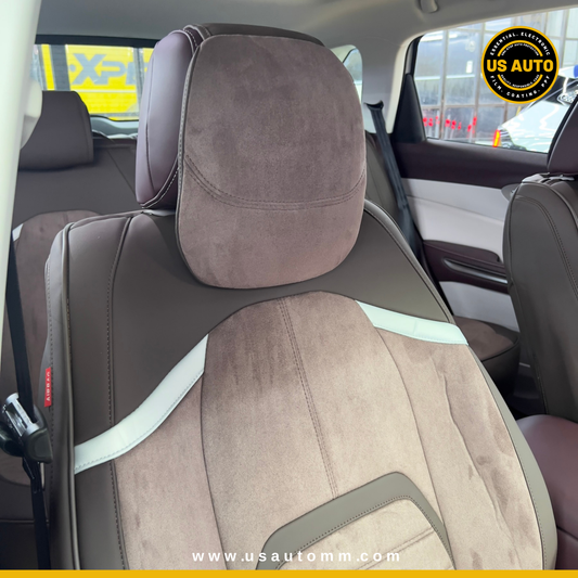 RAYMAX LUXURY SEAT COVER - SUEDE & LEATHER  (H-23QD-09) (1) SET (COFFEE + COFFEE)