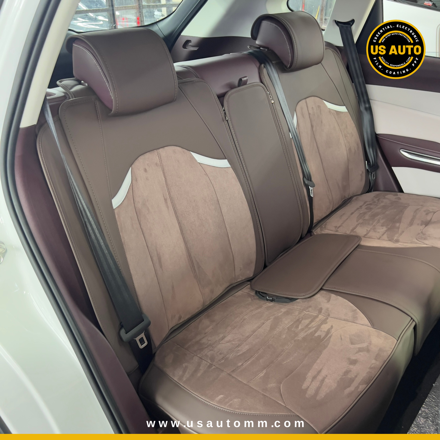 RAYMAX LUXURY SEAT COVER - SUEDE & LEATHER  (H-23QD-09) (1) SET (COFFEE + COFFEE)