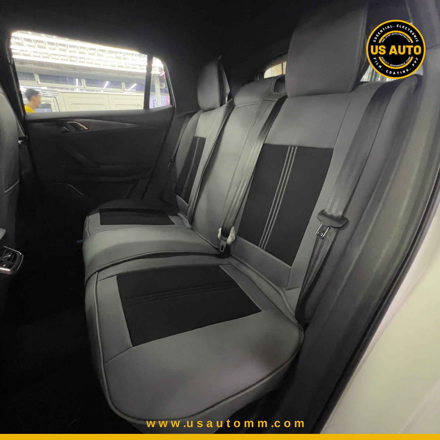 RAYMAX LUXURY SEAT JOINT COVER - JEAN & LEATHER (JK545) (1) SET (BLACK + GREY)