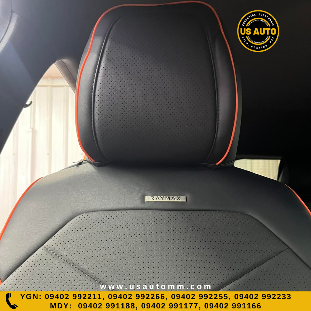 RAYMAX LUXURY SEAT COVER - LEATHER (H-24CX-08) (1) SET (BLACK + ORANGE LINE)