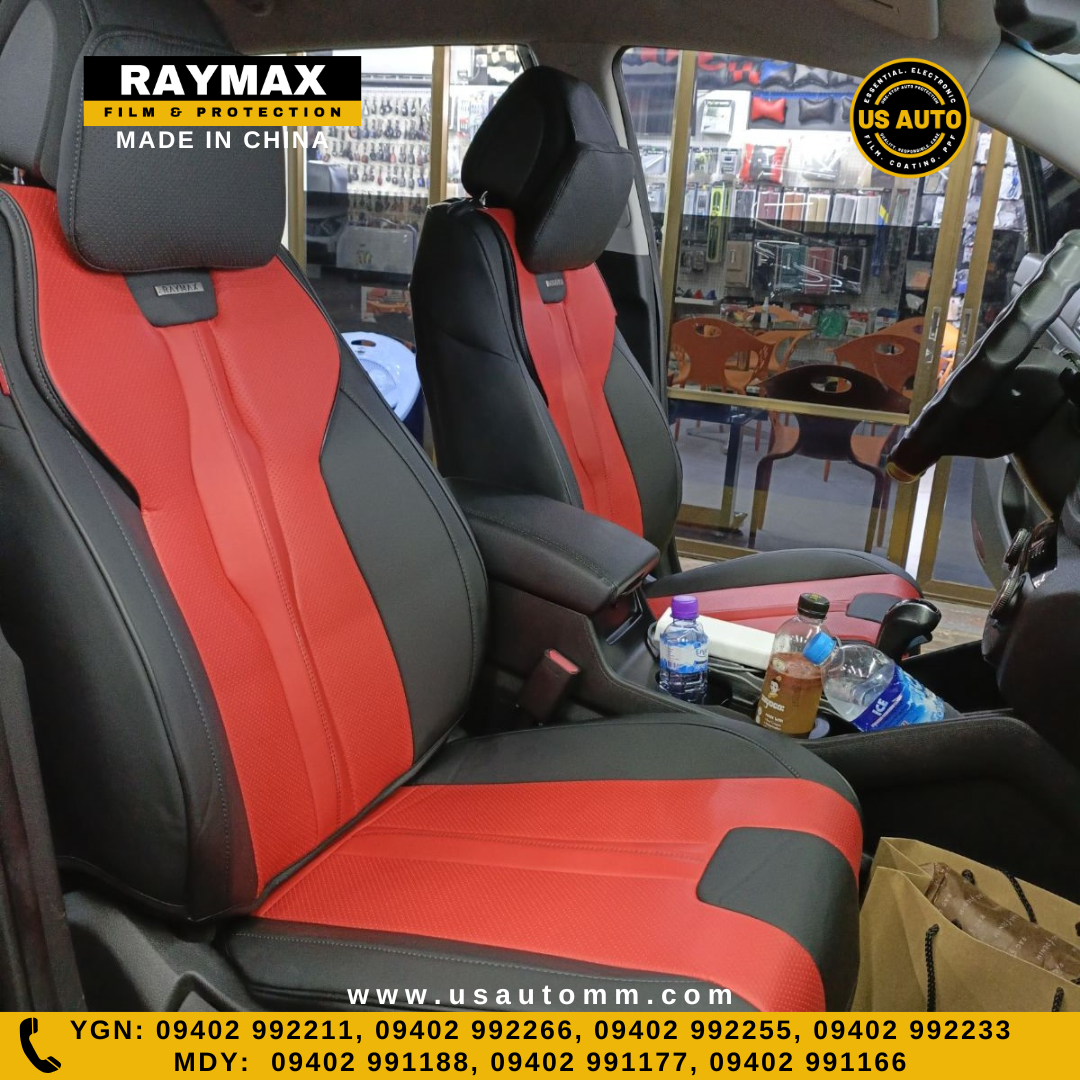 RAYMAX LUXURY SEAT COVER - LEATHER (H-QD21-08)  (1) SET (BLACK + RED + BLACK)