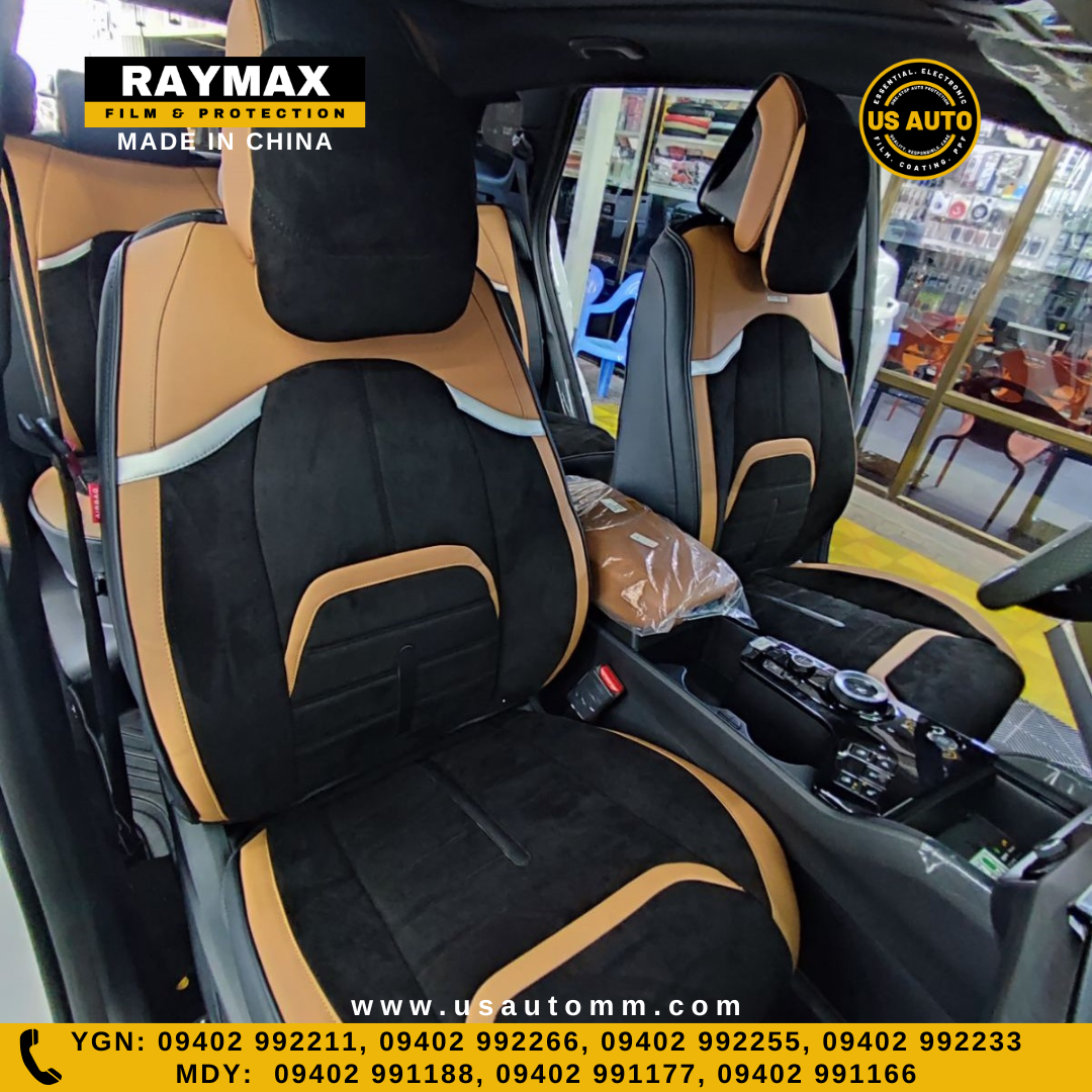 RAYMAX LUXURY SEAT COVER - SUEDE & LEATHER  (H-23QD-09) (1) SET (BLACK + BROWN)