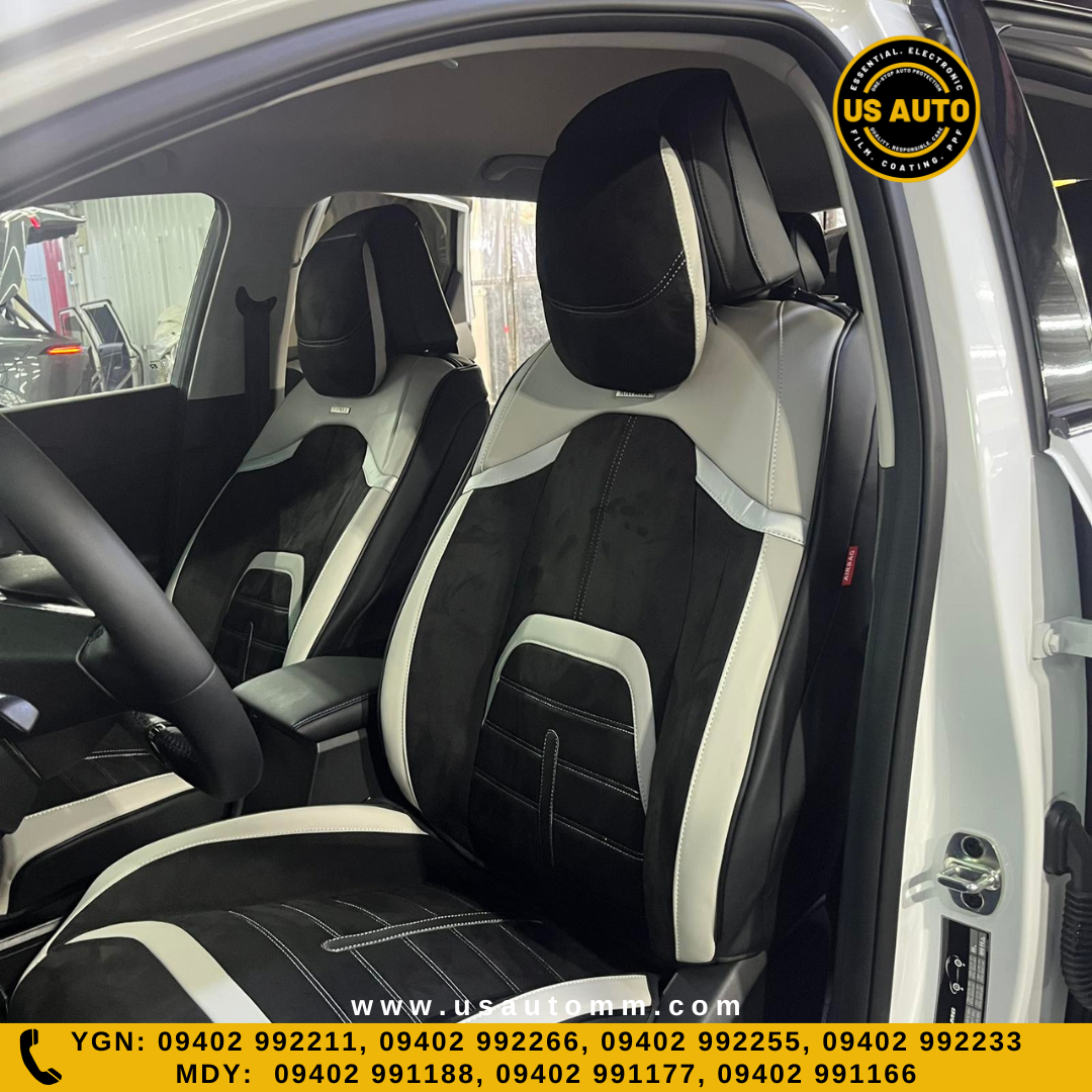 RAYMAX LUXURY SEAT COVER - SUEDE & LEATHER (H-23QD-09) (1) SET (BLACK + WHITE)