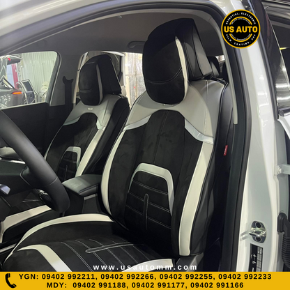 RAYMAX LUXURY SEAT COVER - SUEDE & LEATHER (H-23QD-09) (1) SET (BLACK + WHITE)