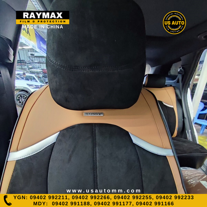 RAYMAX LUXURY SEAT COVER - SUEDE & LEATHER  (H-23QD-09) (1) SET (BLACK + BROWN)