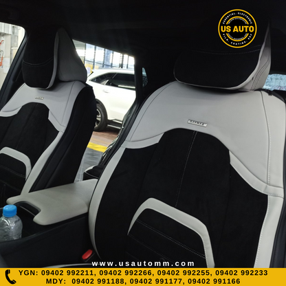 RAYMAX LUXURY SEAT COVER - SUEDE & LEATHER  (H-23QD-09) (1) SET (BLACK + WHITE)