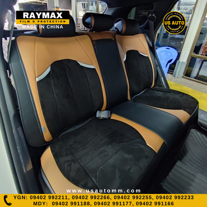 RAYMAX LUXURY SEAT COVER - SUEDE & LEATHER  (H-23QD-09) (1) SET (BLACK + BROWN)