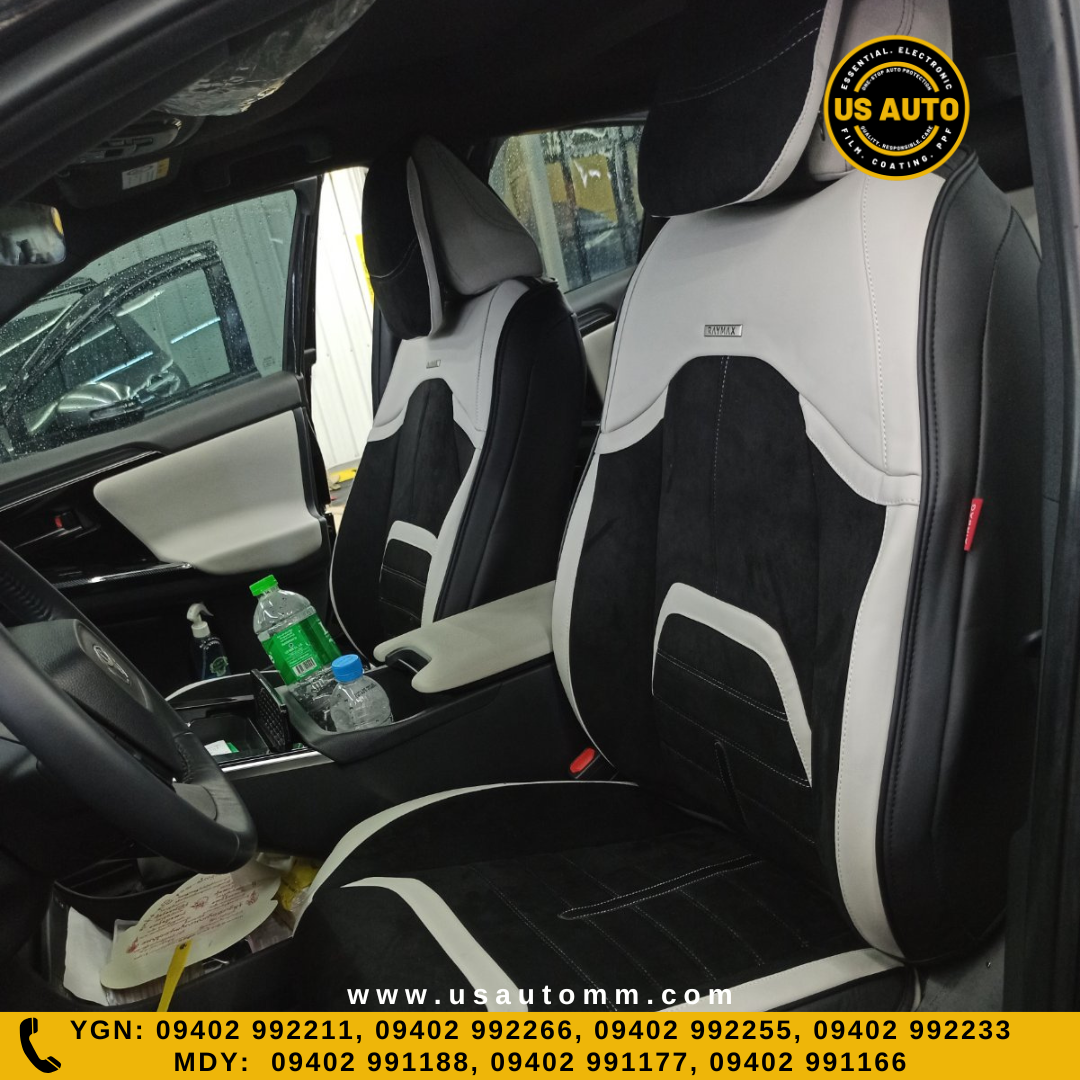 RAYMAX LUXURY SEAT COVER - SUEDE & LEATHER  (H-23QD-09) (1) SET (BLACK + WHITE)
