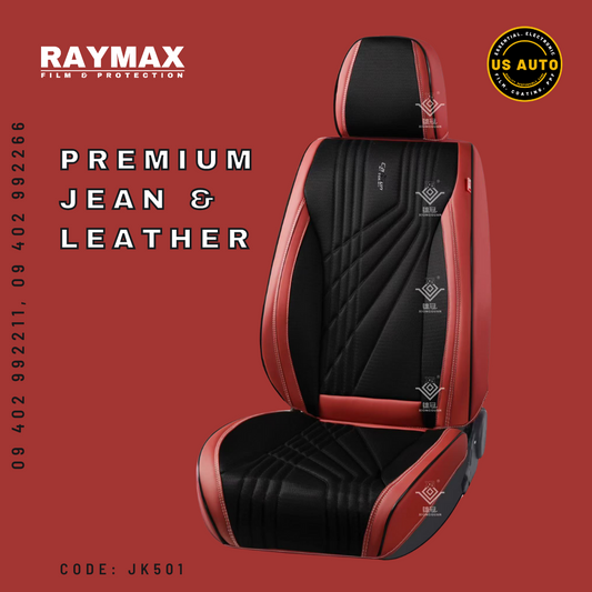 RAYMAX PREMIUM SEAT COVER - JEAN & LEATHER (JK501) (1) SET (WINE RED + BLACK)