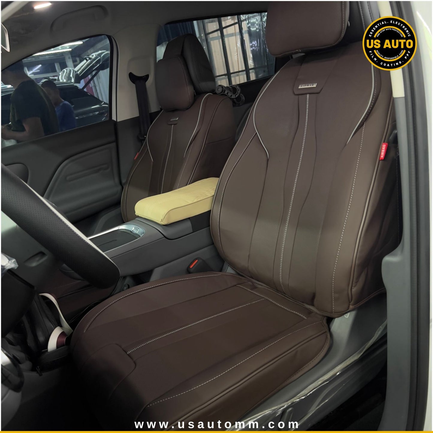 RAYMAX LUXURY SEAT COVER - LEATHER (H-QD21-08)  (1) SET (COFFEE + COFFEE + GREY)