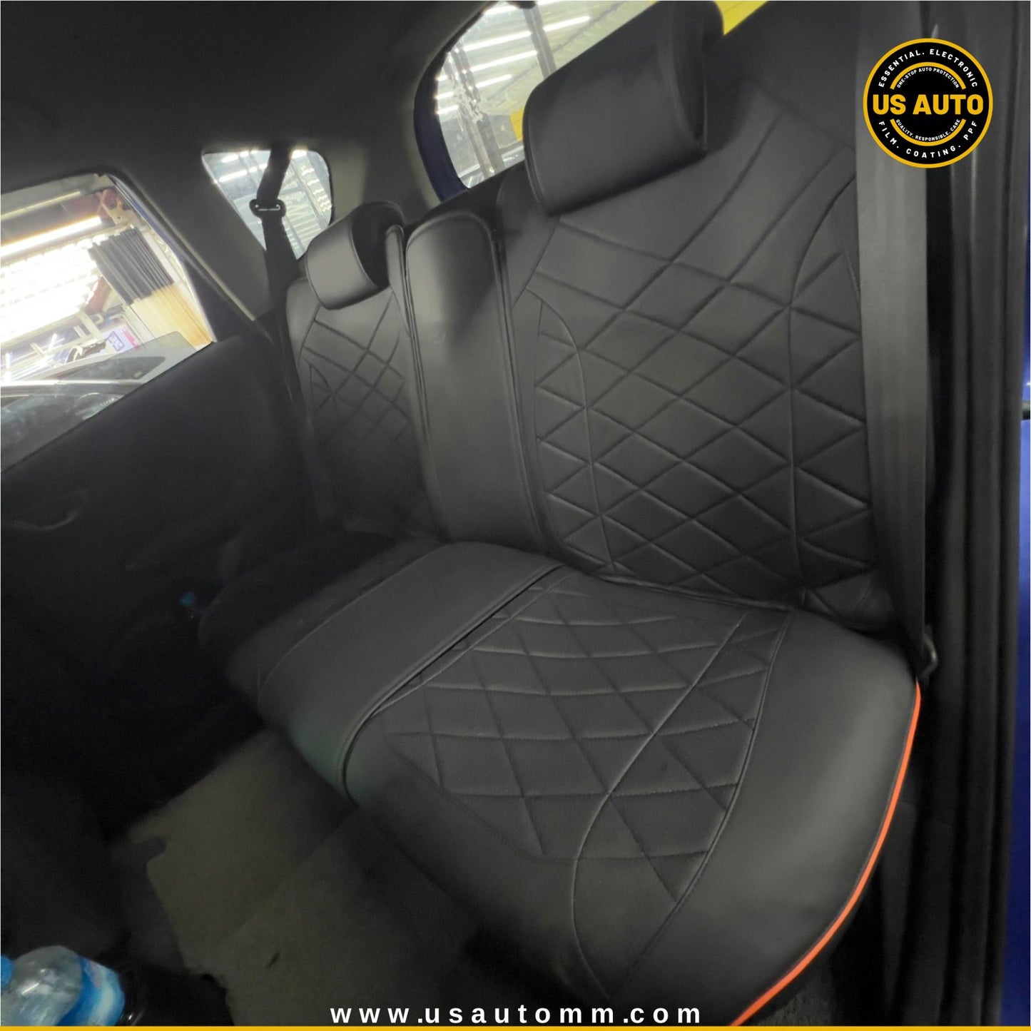 RAYMAX LUXURY SEAT COVER - LEATHER (H-24CX-08) (1) SET (BLACK + ORANGE LINE)