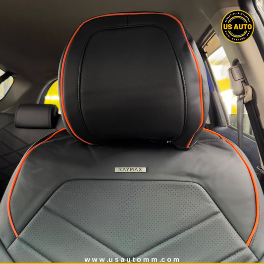 RAYMAX LUXURY SEAT COVER - LEATHER (H-24CX-08) (1) SET (BLACK + ORANGE LINE)