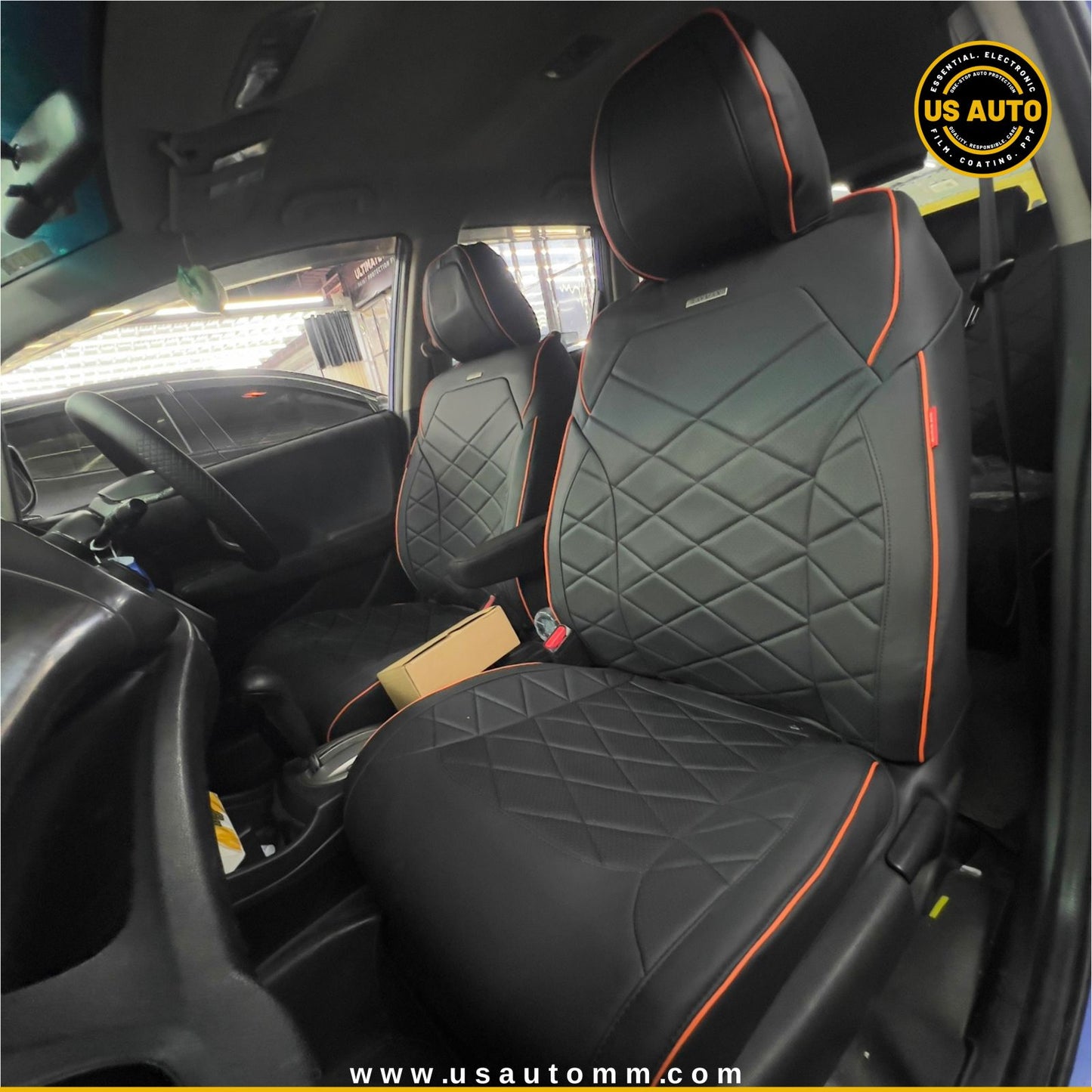 RAYMAX LUXURY SEAT COVER - LEATHER (H-24CX-08) (1) SET (BLACK + ORANGE LINE)