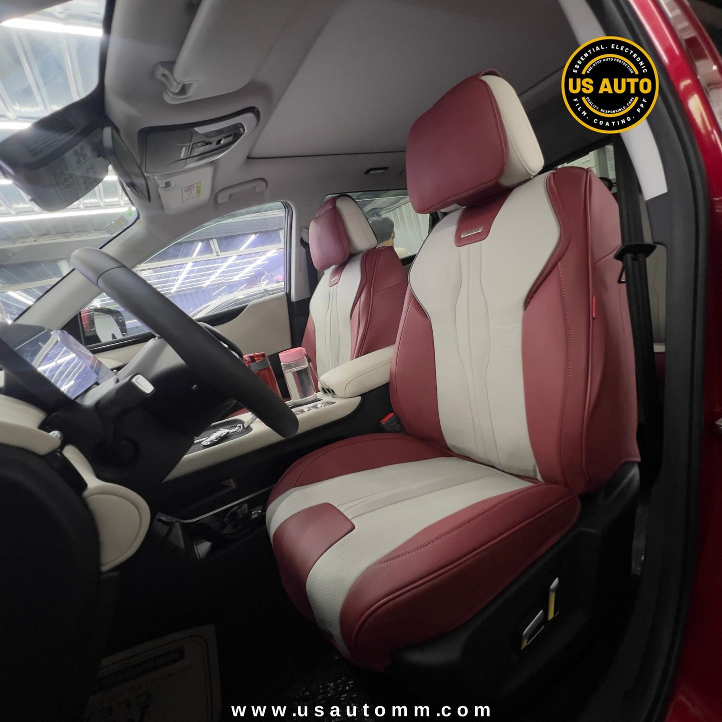RAYMAX LUXURY SEAT COVER - LEATHER (H-QD21-08)  (1) SET (RED + WHITE + GREY)