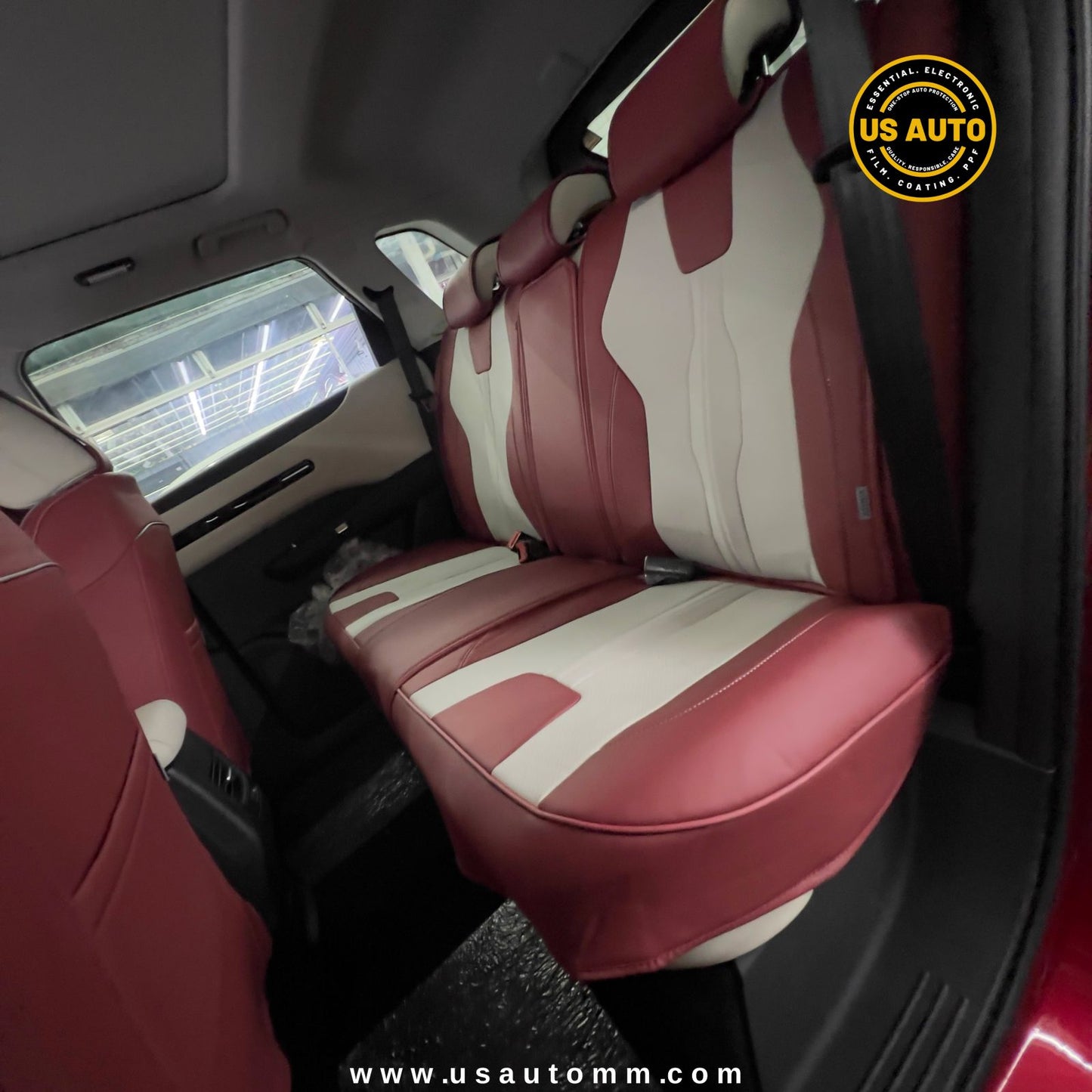 RAYMAX LUXURY SEAT COVER - LEATHER (H-QD21-08)  (1) SET (RED + WHITE + GREY)
