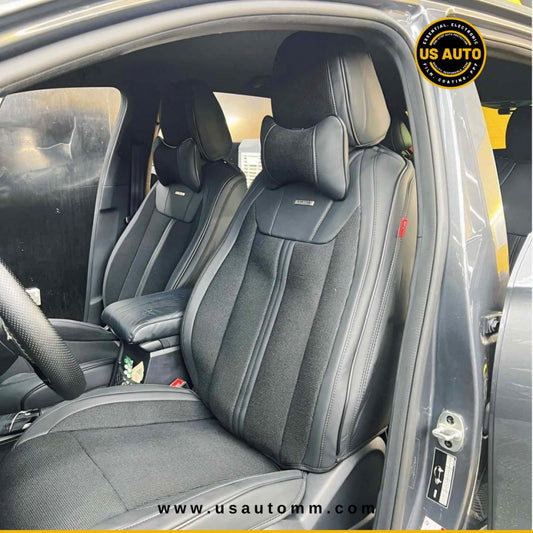 RAYMAX LUXURY SEAT COVER - JEAN & LEATHER  (H-25CX-08)  (1) SET (BLACK + BLACK)