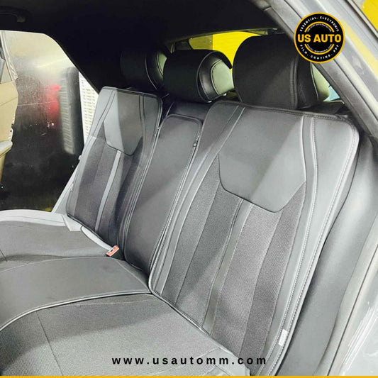 RAYMAX LUXURY SEAT COVER - JEAN & LEATHER  (H-25CX-08)  (1) SET (BLACK + BLACK)