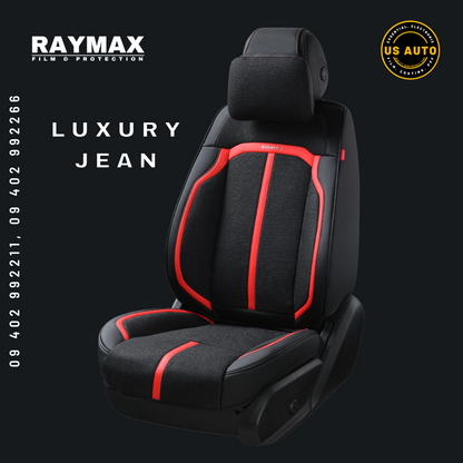 RAYMAX LUXURY SEAT COVER - JEAN (H-2021-7) (1) SET (BLACK + BLACK + RED)