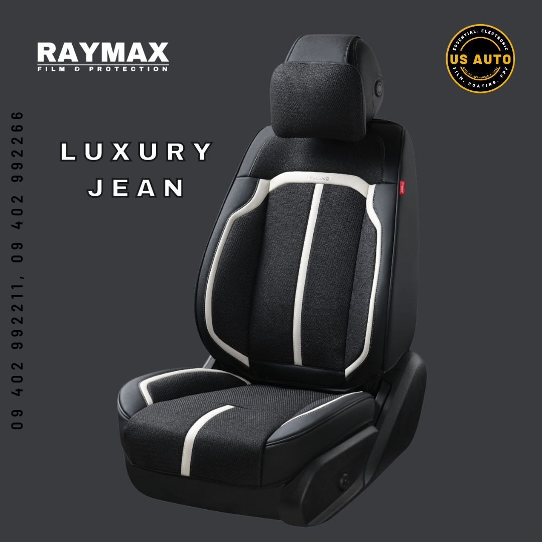 RAYMAX LUXURY SEAT COVER - JEAN (H-2021-7) (1) SET (BLACK + BLACK + WHITE)